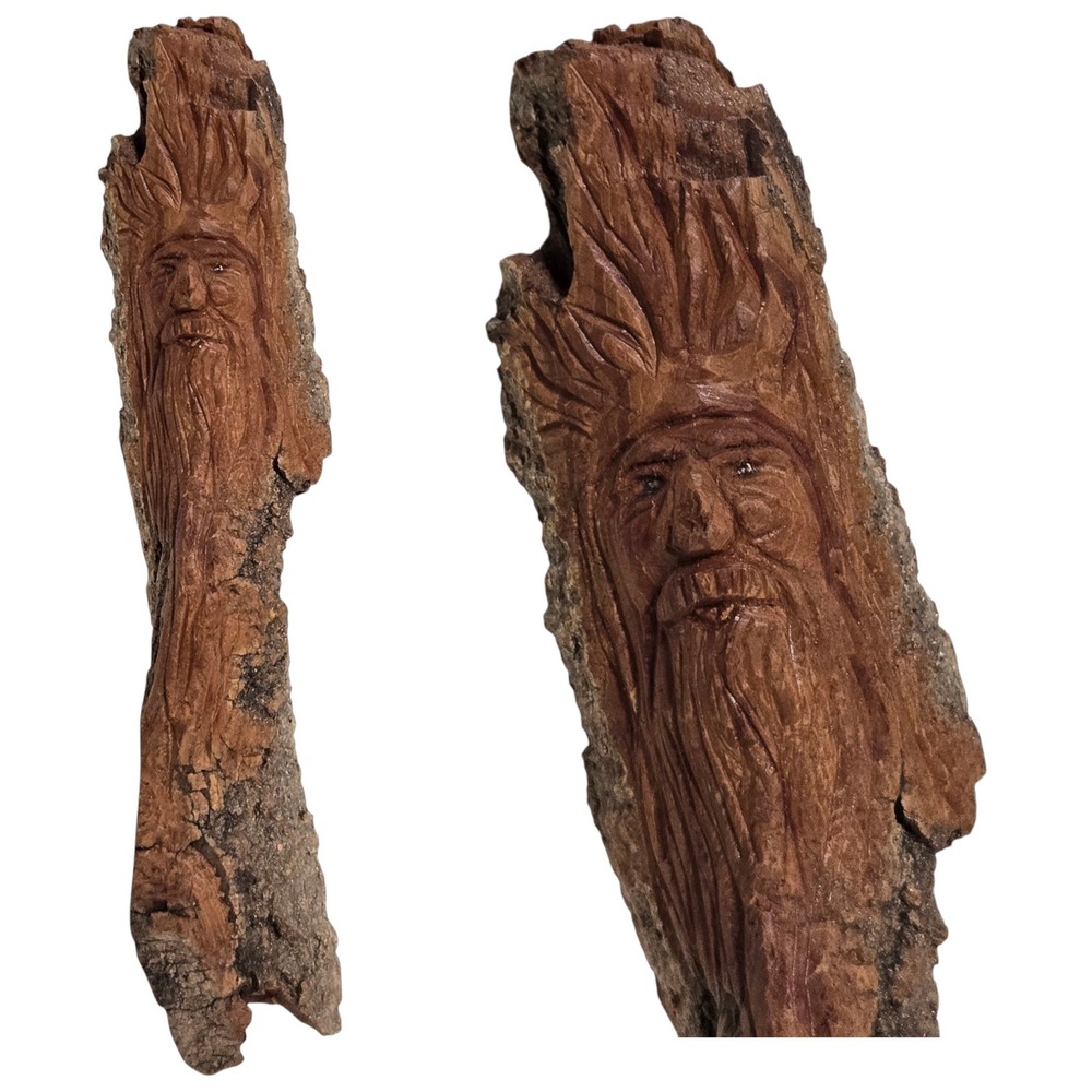 Hand Carved Wood Spirit Sculpture Folk Art Brown Bark Decor Bearded Man 8.5"